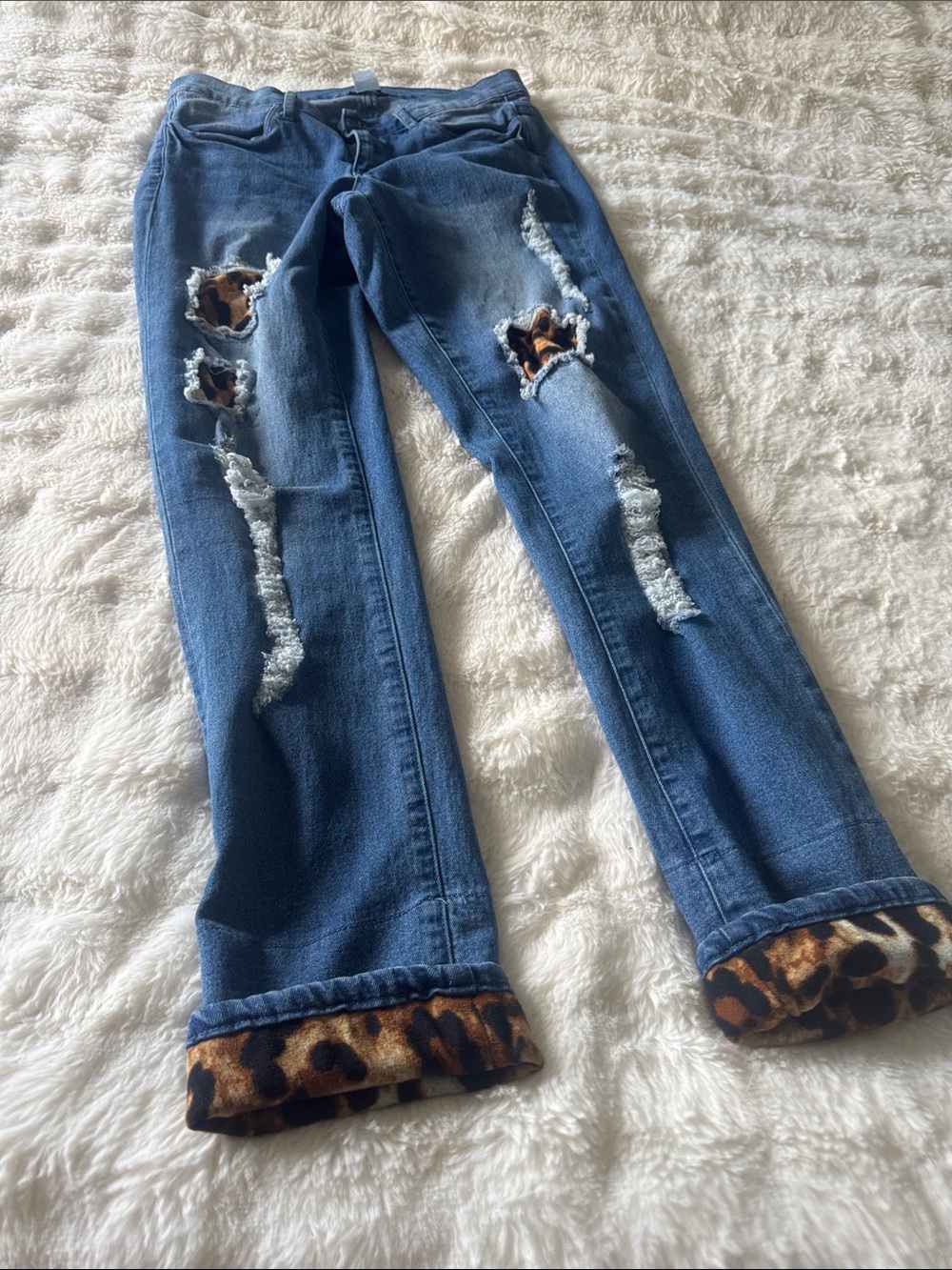 VENUS Blue Flare/Leopard Rolled Hem Jeans with Leopard Patch Accents